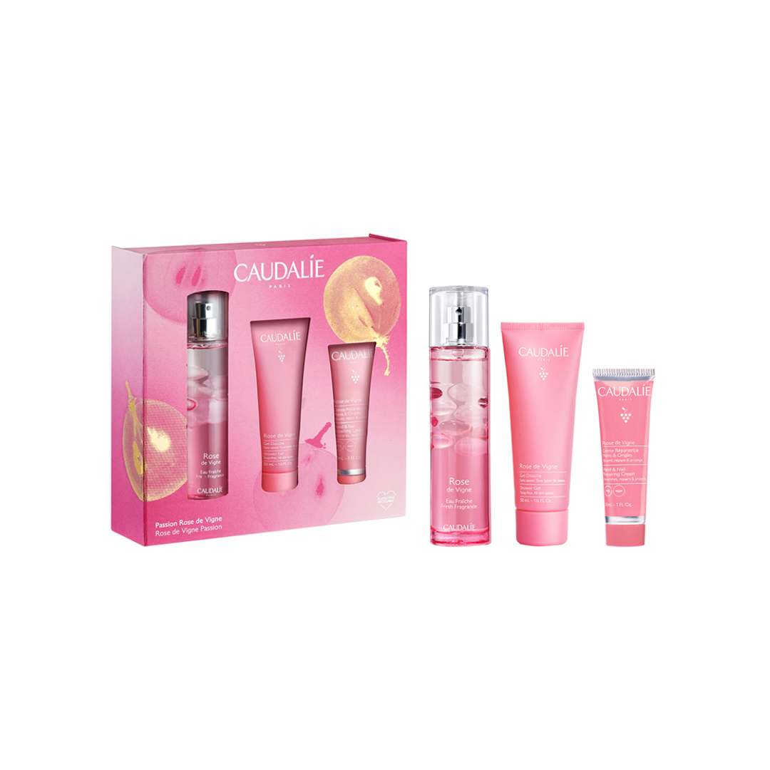 Caudalie L’Eau Fraîche Rose de Vigne 50 mL + Le Gel Douche Rose de Vigne 50 mL + La Crème Gourmande Mains et Ongles Rose de Vigne 30 mL