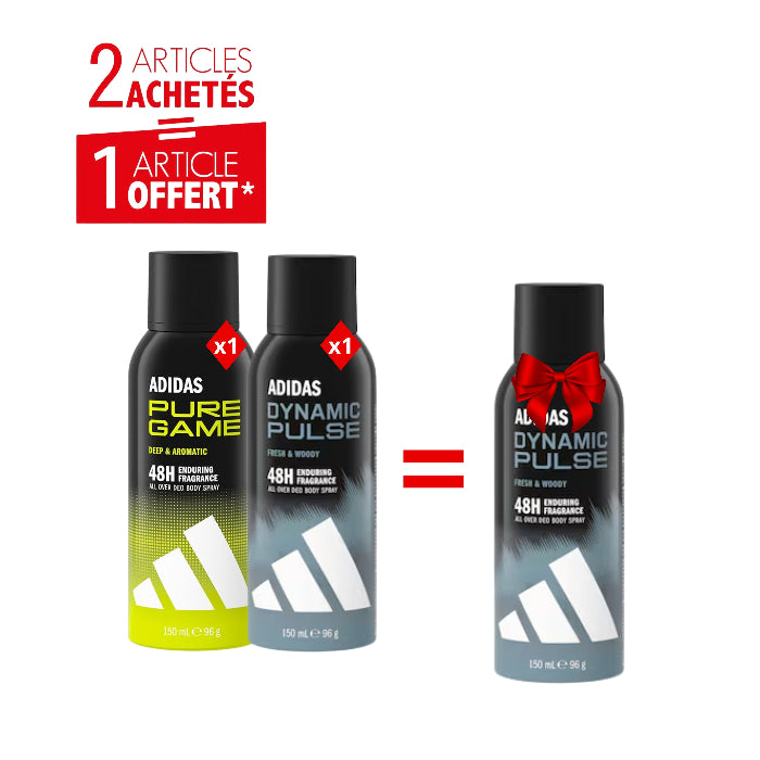 Pack Déodorants Homme Adidas 48H 150ml – Pure Game & Dynamic Pulse – 2 Achetés = 1 Offert