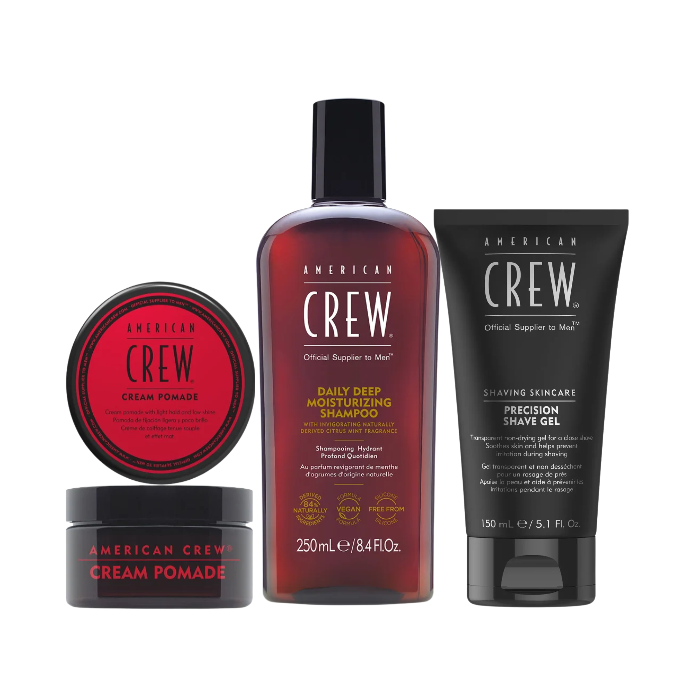 Routine American Crew – Cream Pomade 85g + Daily Deep Moisturizing Shampoo 250ml + Gel de Rasage 150ml