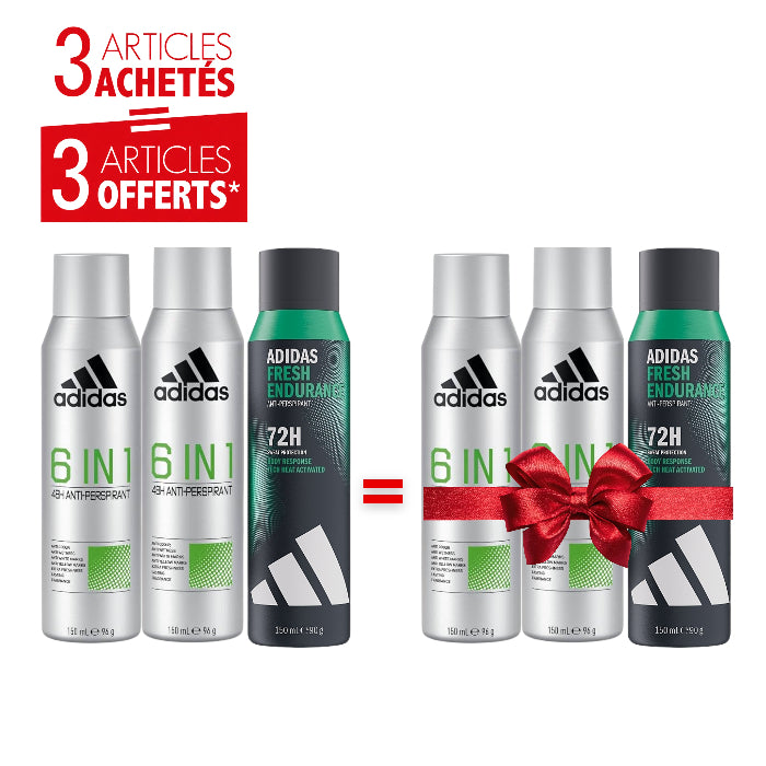 Pack Déodorants Homme Adidas 72H Fresh Endurance & 6-in-1 150ml – 3 Achetés = 3 Offerts