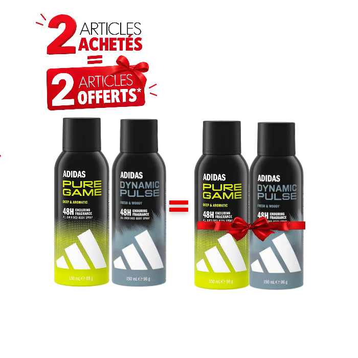 Pack Déodorants Homme Adidas 48H 150ml – Pure Game & Dynamic Pulse – 2 Achetés = 2 Offerts