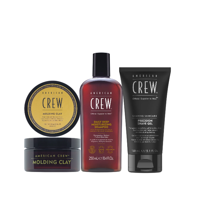 Routine American Crew – Holding Clay 85G + Daily Deep Moisturizing Shampoo 250ML + Gel de Rasage 150ML