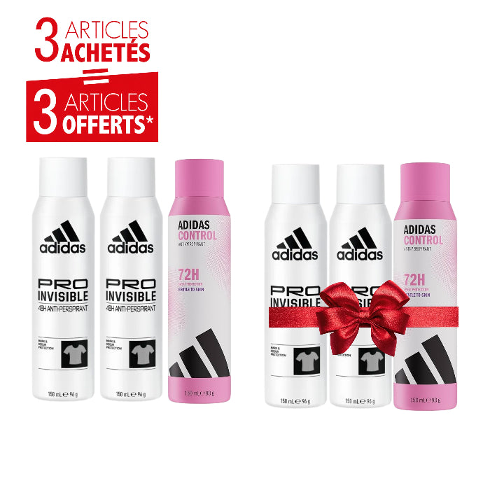 Pack Déodorants Femme Adidas 72H 150ml – Pro Invisible & Control – 3 Achetés = 3 Offerts