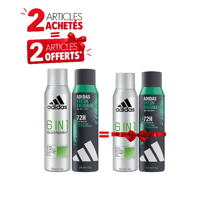 Pack Déodorants Homme Adidas 72H Fresh Endurance & 6-in-1 150ml – 2 Achetés = 2 Offerts