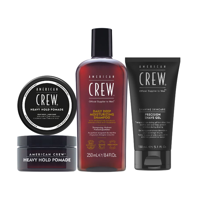Routine American Crew – Heavy Hold Pomade 85g + Daily Deep Moisturizing Shampoo 250ml + Gel de Rasage 150ml