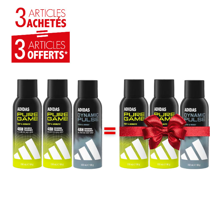 Pack Déodorants Homme Adidas 48H 150ml – Pure Game & Dynamic Pulse – 3 Achetés = 3 Offerts