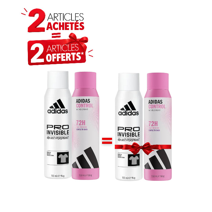 Pack Déodorants Femme Adidas 72H 150ml – Pro Invisible & Control – 2 Achetés = 2 Offerts