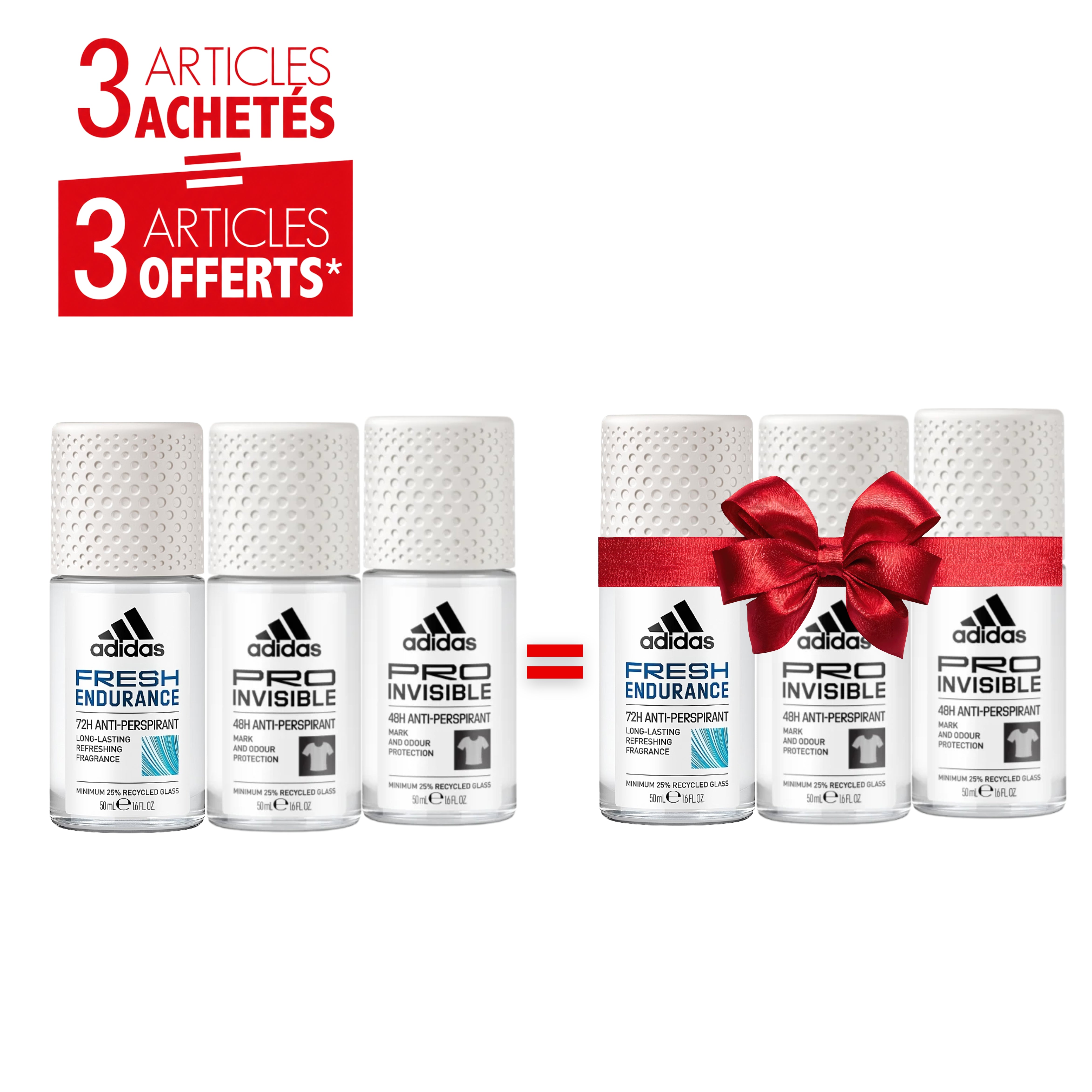 Pack Déodorants Femme Adidas Roll-On 50ml – Fresh Endurance 72H & Pro Invisible 48H – 3 Achetés = 3 Offerts