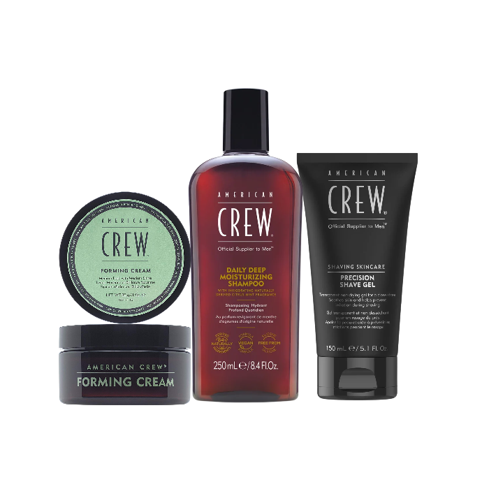 Routine American Crew – Forming Cream 85g + Daily Deep Moisturizing Shampoo 250ml + Gel de Rasage 150ml