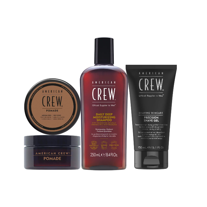 Routine American Crew – Pomade 85g + Daily Deep Moisturizing Shampoo 250ml + Gel de Rasage 150ml