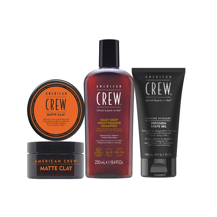 Routine American Crew – Matte Clay 85g + Daily Deep Moisturizing Shampoo 250ml + Gel de Rasage 150ml