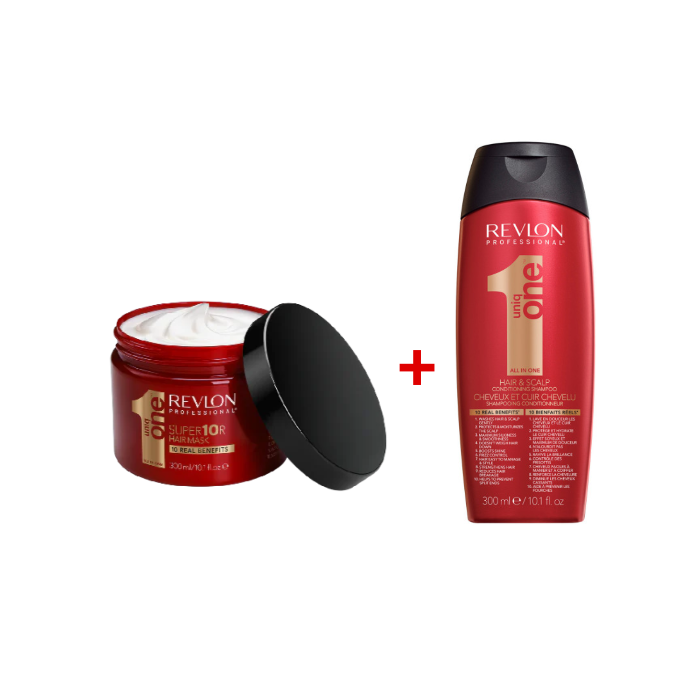 Duo Uniqone Super Masque pour Cheveux Secs/Très Secs/Abimés 10 Bienfaits Super Mask 300ml + UniqOne Shampooing et Après-shampooing 2en1 Classique 300ml